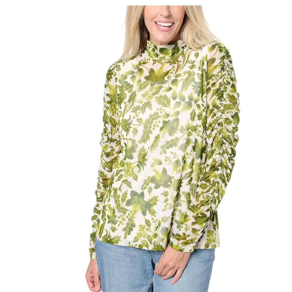 Susan Graver Printed Mesh Ruched Mock-Neck Long-Sleeve Top Olive A630800 XXS